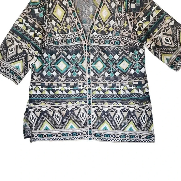 Catherine Top Women's Black Green 3/4 Sleeve Aztec Pattern Kimono Embroidered - Picture 11 of 11